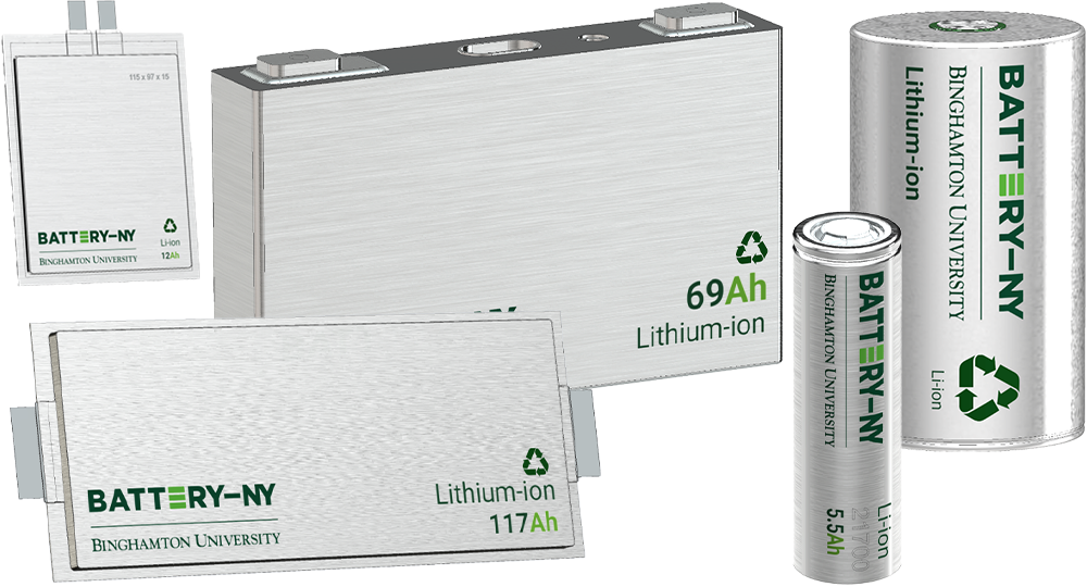 An assortment of differently sized Battery-NY Binghamton University branded Lithium-ion batteries